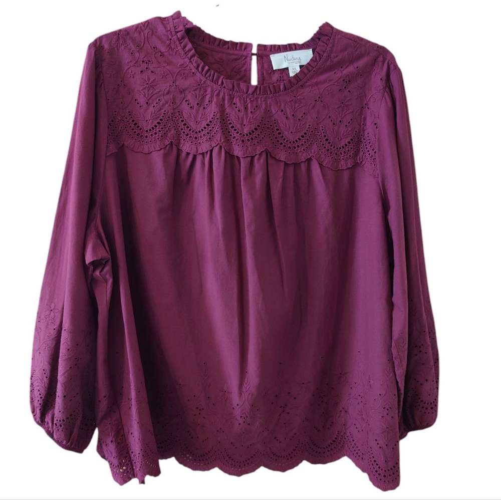 Westbound Woman Maroon Embroidered Balloon Sleeve Blouse